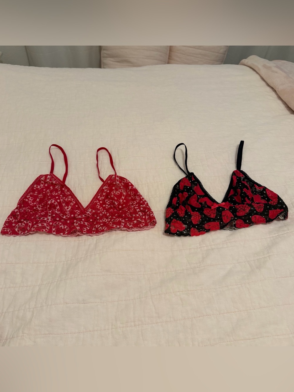 Set Of 2 Limited Edition Hanky Panky Lace Bralettes - Candy Cane & Red Hearts